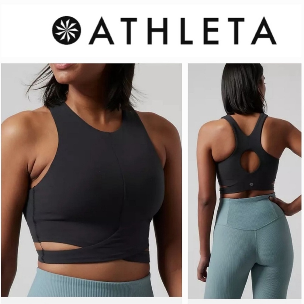 NWT ATHLETA xs Black Conscious Cut Out Crop Top Sports Bra a-c